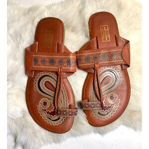 Vintage 90s Boho Leather Sandal Shoe India Paisley Rust Tan Size 7 M